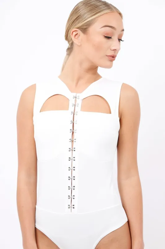 White Hook And Eye Cut Out Bodysuit - Reign sold by Rebellious Fashion