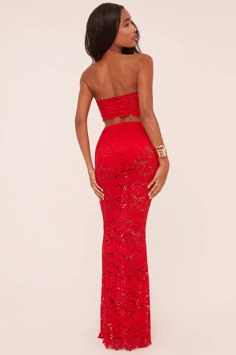 Red Lace Bandeau Cropped Top & Maxi Skirt Co-ord Set - Nian sold by Rebellious Fashion product image thumbnail 4