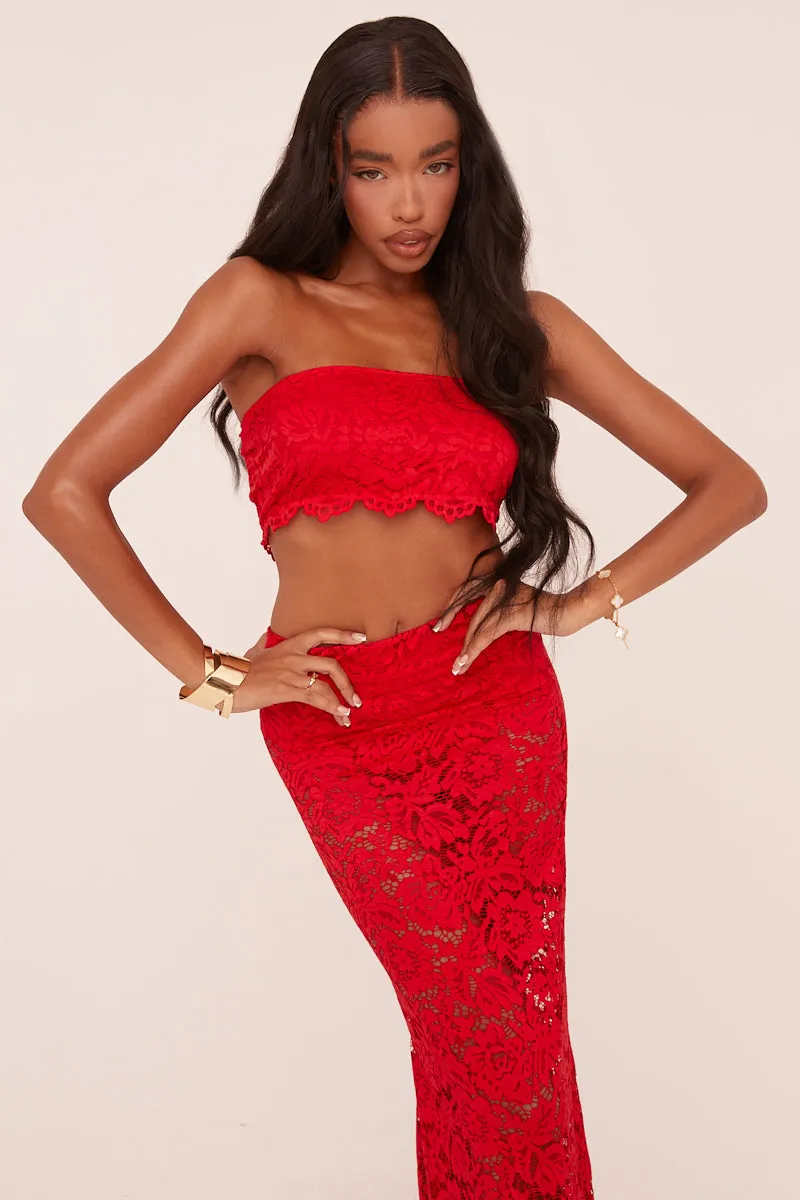 Red Lace Bandeau Cropped Top & Maxi Skirt Co-ord Set - Nian sold by Rebellious Fashion product image thumbnail 2