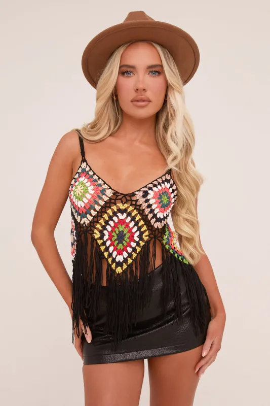 Black Multi Crochet Tassel Hem Crop Top - Anastasia sold by Rebellious Fashion