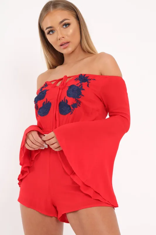 Red Bardot Embroidered Playsuit - Siena sold by Rebellious Fashion