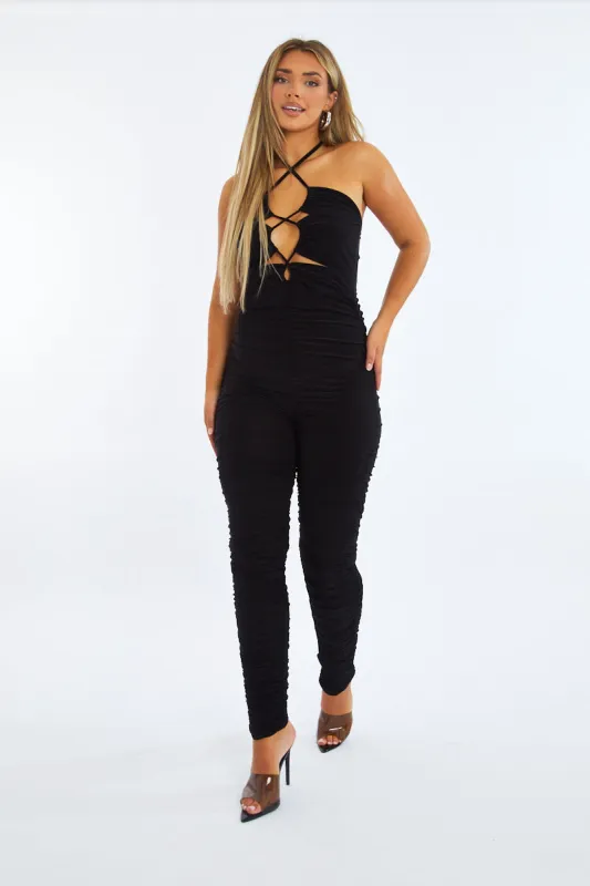 Black Ruched Lace Up Front Jumpsuit - Lena sold by Rebellious Fashion