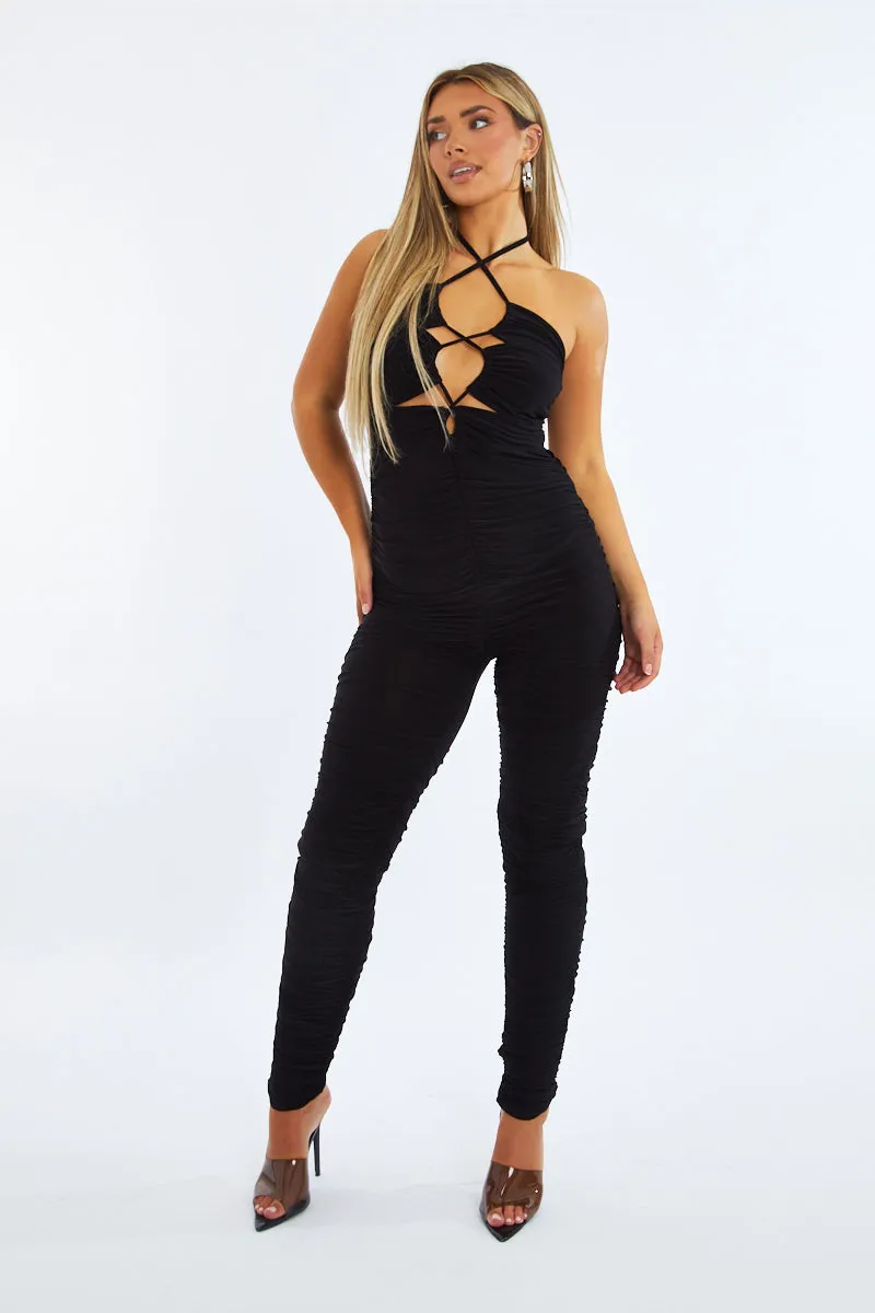 Black Ruched Lace Up Front Jumpsuit - Lena sold by Rebellious Fashion product image thumbnail 2