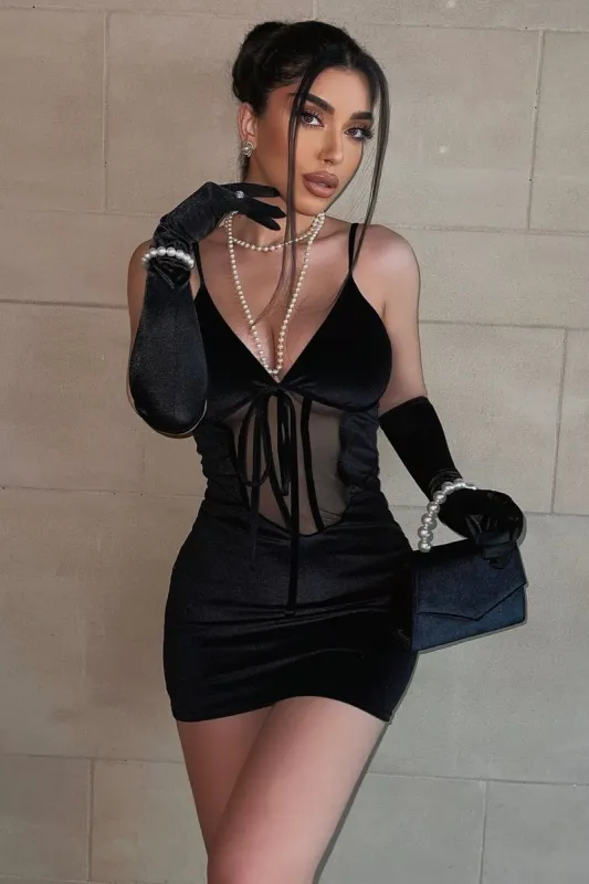 Black Mesh Detail Corset Velvet Mini Dress - Asha sold by Rebellious Fashion