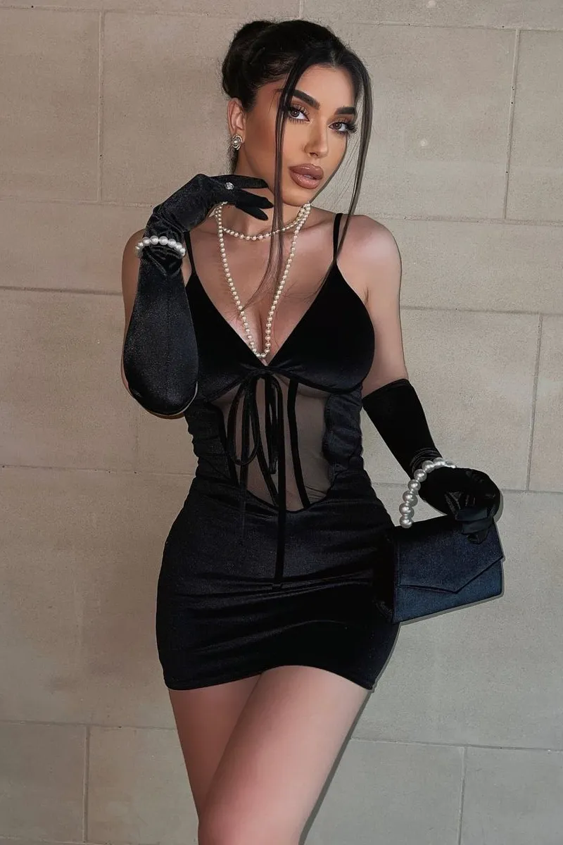 Black Mesh Detail Corset Velvet Mini Dress - Asha sold by Rebellious Fashion