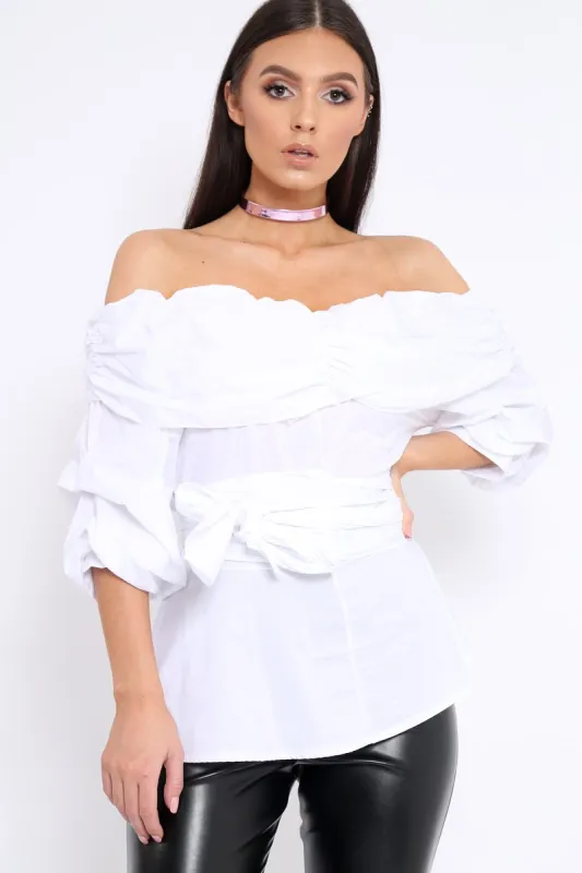 White Bardot Ruched Frill Top with Waist Tie Detailing - Sarina sold by Rebellious Fashion