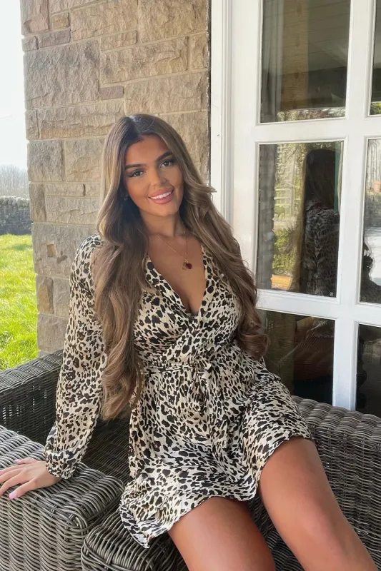 Leopard Satin Frill Hem Wrap Mini Dress - Debbie sold by Rebellious Fashion