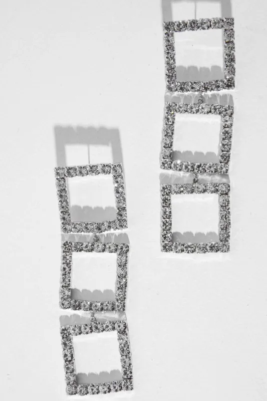 Silver Square Drop Diamante Embellished Earrings - Euna sold by Rebellious Fashion