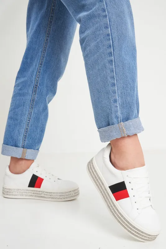 White Side Stripe Trainers with Diamante Platform Sole - Latia made by Rebellious Fashion