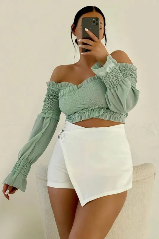 Sage Shirred Wrap Over Bardot Crop Top - Zuri sold by Rebellious Fashion