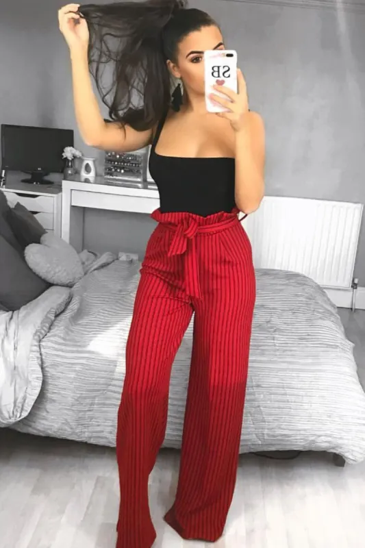 Red Striped Paper Bag Tie Waist Wide Leg Trousers - Kennedy sold by Rebellious Fashion