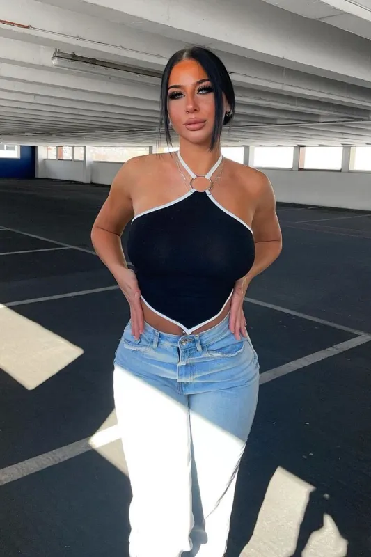 Black Halter Neck Tie Back Bandana Crop Top - Elaine sold by Rebellious Fashion