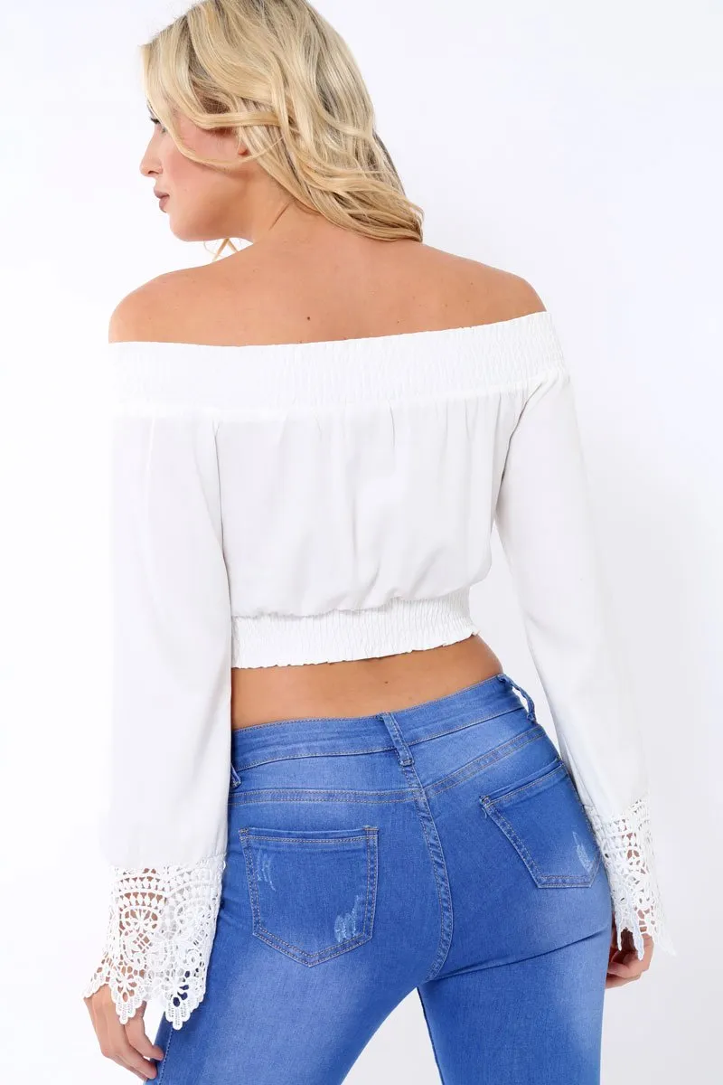 White Bardot Top with Crochet Sleeve Trim - Evannah sold by Rebellious Fashion product image thumbnail 4