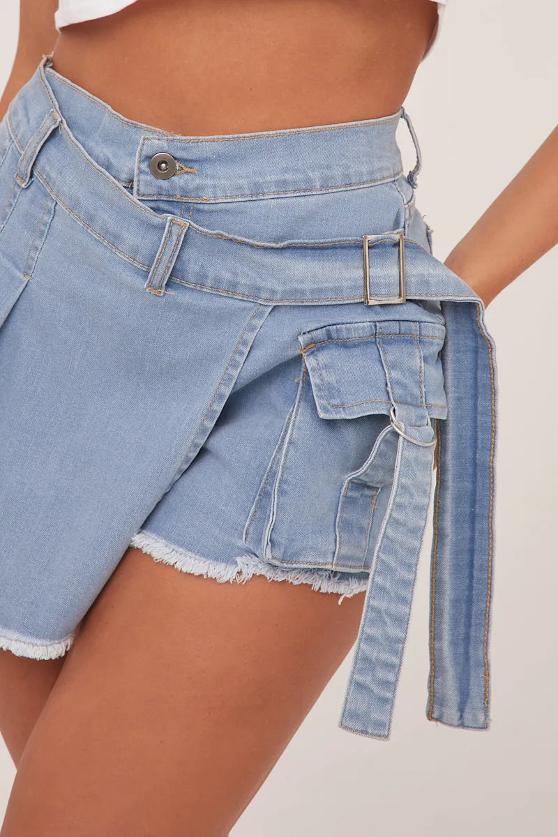 Light Blue Denim Warp Over Pleat Detail Mini Skort - Margot sold by Rebellious Fashion product image thumbnail 3