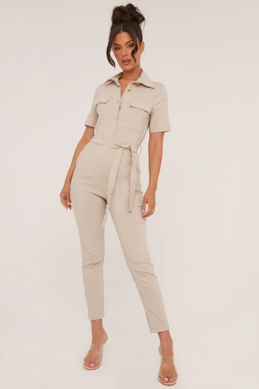 Beige Button Up Front Utility Jumpsuit - Crystal sold by Rebellious Fashion