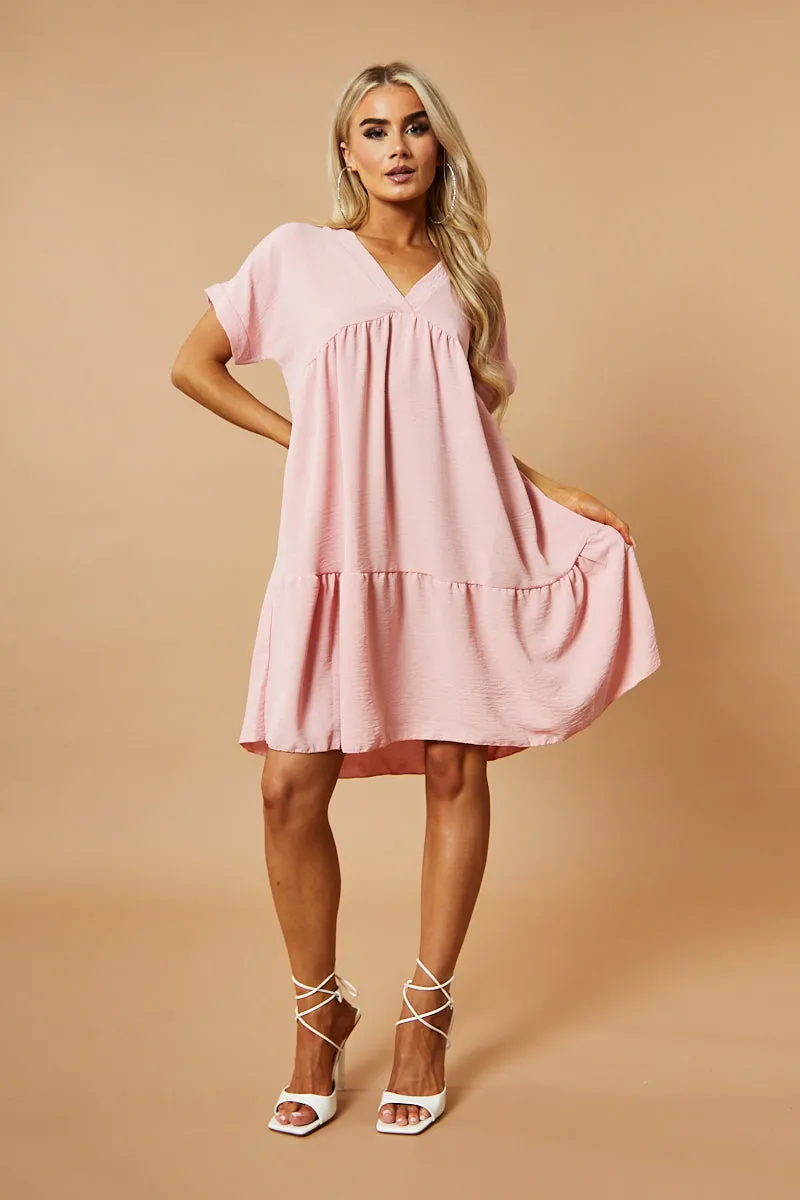 Pink V-Neck Tiered Frill Mini Dress - Kate sold by Rebellious Fashion