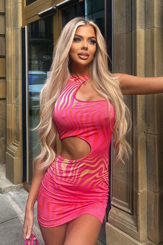 Hot Pink Wave Print High Neck Cut Out Mini Dress - Flor sold by Rebellious Fashion