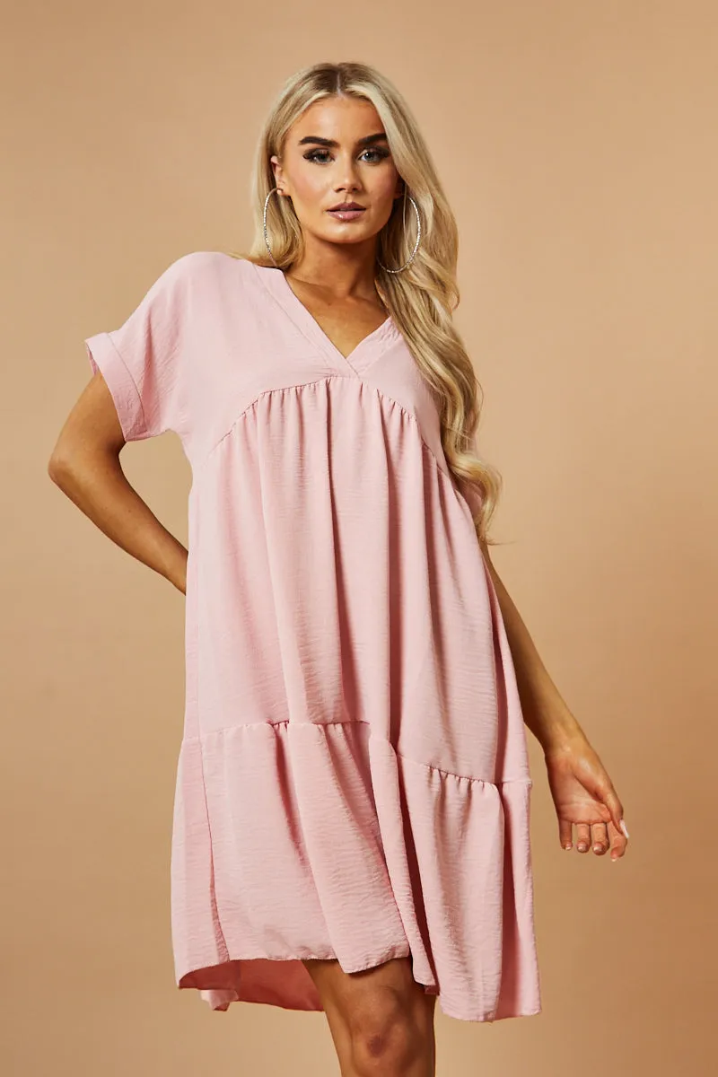 Pink V-Neck Tiered Frill Mini Dress - Kate sold by Rebellious Fashion product image thumbnail 2