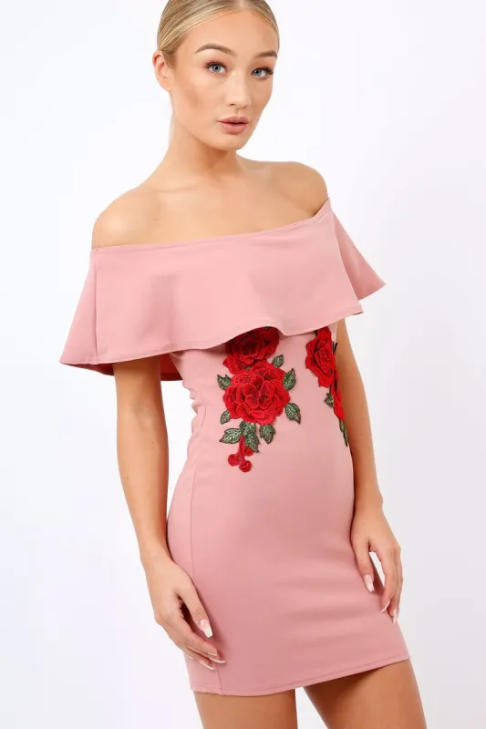 Rose Bardot Frill Bodycon Applique Dress - Leticia sold by Rebellious Fashion
