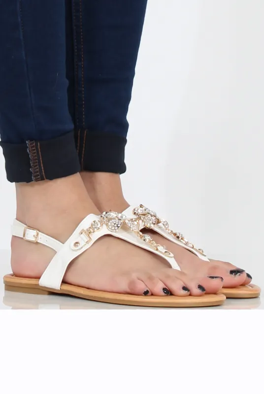 White Flower Diamante Sandals - Ailish sold by Rebellious Fashion