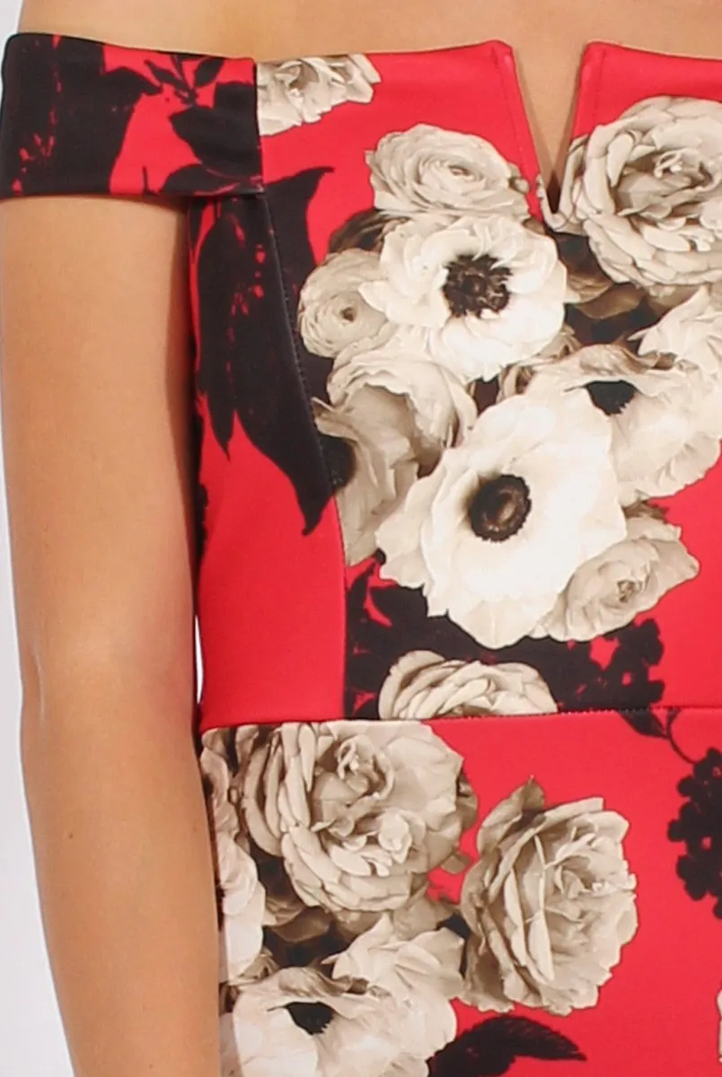 Red Floral Bardot V Front Midi Dress - Lynn sold by Rebellious Fashion product image thumbnail 5