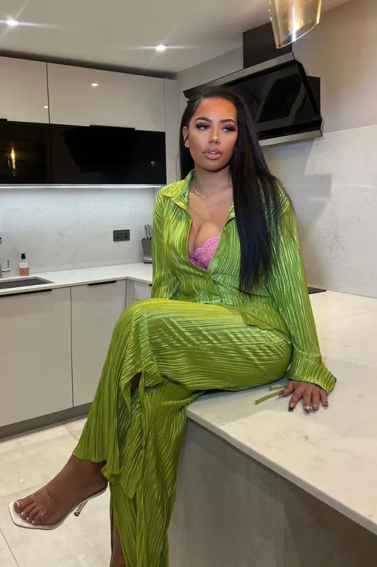 Green Plisse Button Front Oversized Shirt & Trouser Set - Ingrid sold by Rebellious Fashion