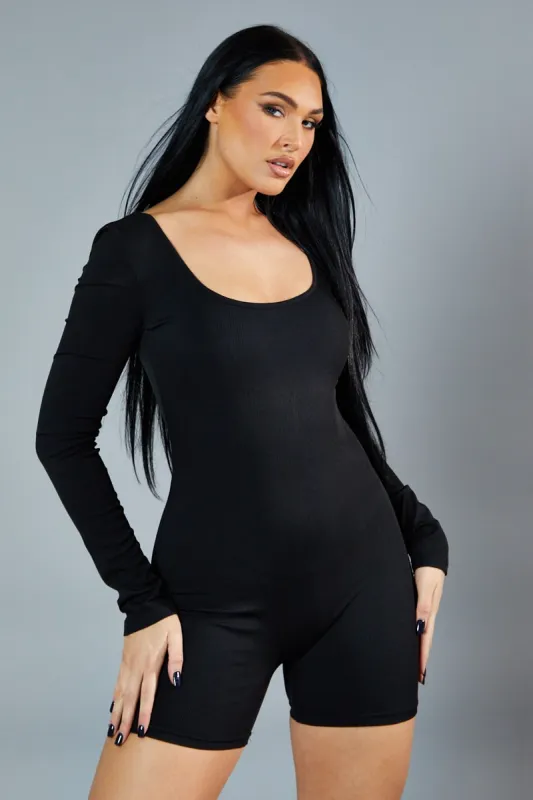 Black Rib Knit Scoop Neck Unitard - Roohi sold by Rebellious Fashion
