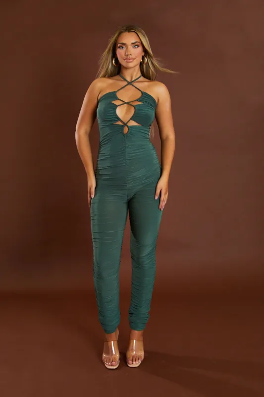 Khaki Ruched Lace Up Front Jumpsuit - Lena sold by Rebellious Fashion