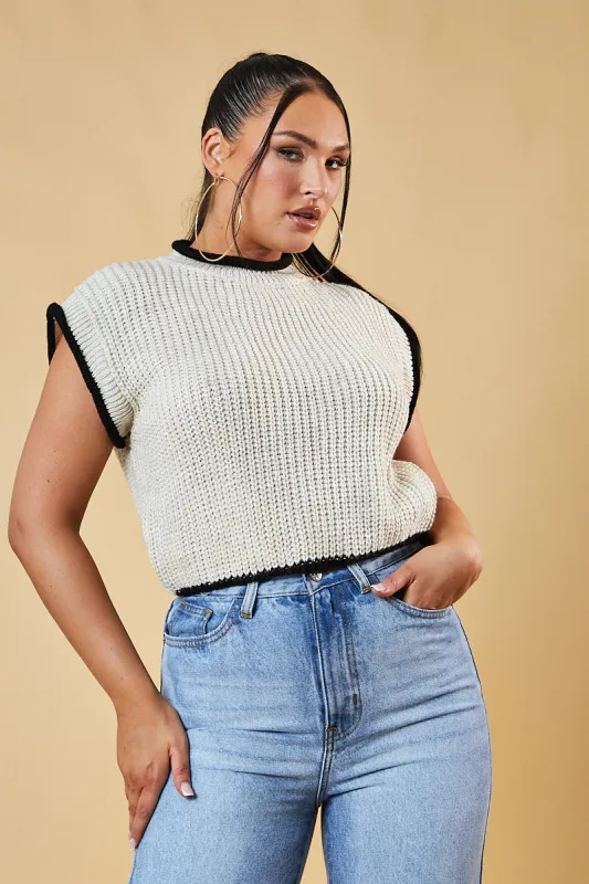 Beige Knitted Contrast Edge Cropped Top - Bethany made by Rebellious Fashion
