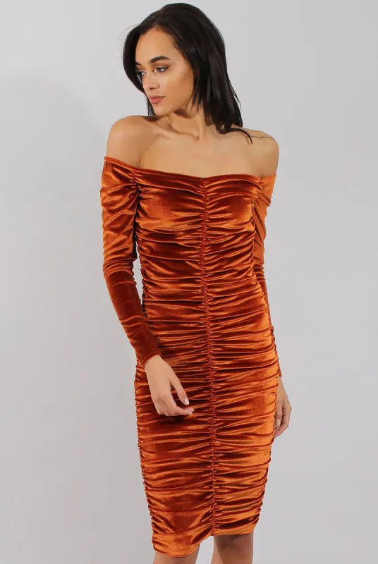 Rust Velvet Ruched Bardot Bodycon Dress - Louise sold by Rebellious Fashion