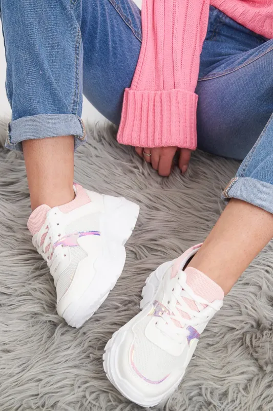 White Pink Cleated Sole Lace Up Chunky Trainers - Gradie sold by Rebellious Fashion