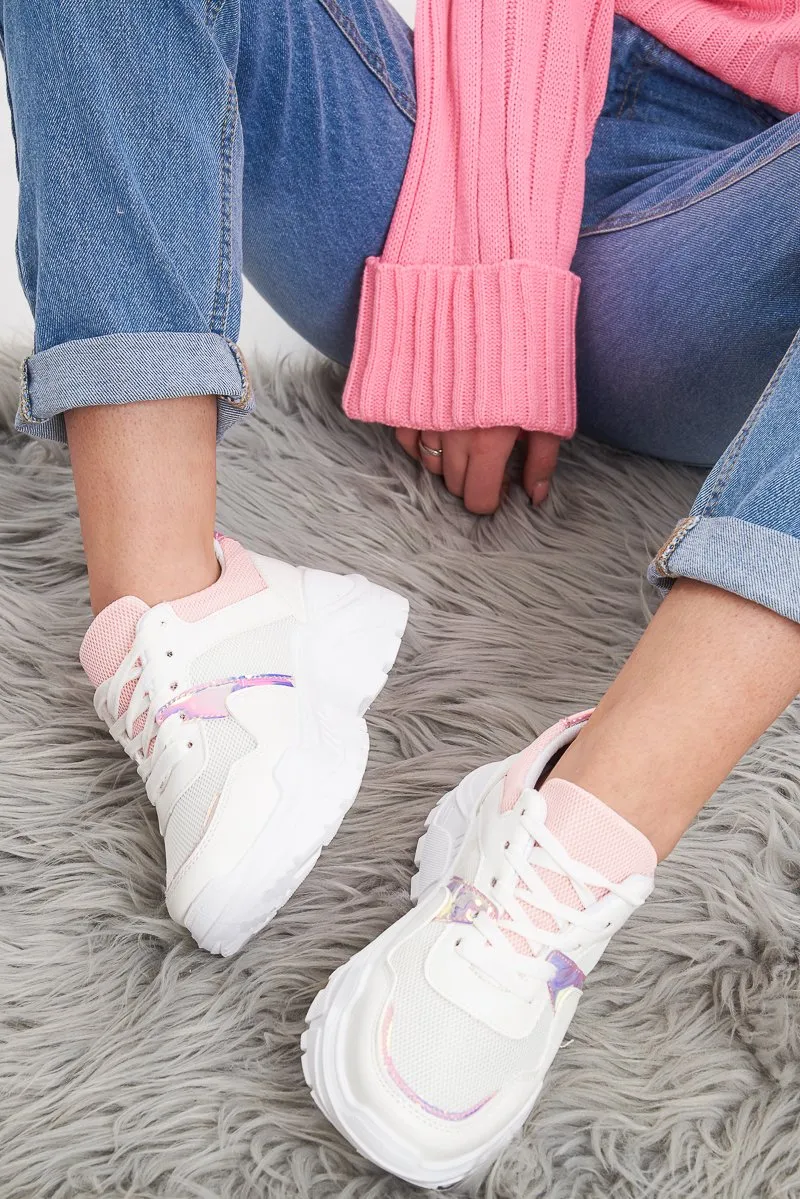 White Pink Cleated Sole Lace Up Chunky Trainers - Gradie sold by Rebellious Fashion