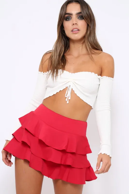 White Gathered Middle Bardot Crop Top - Sally sold by Rebellious Fashion