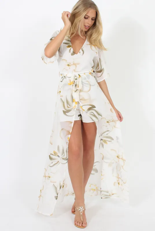 White Floral Dip Hem Playsuit - Caprice sold by Rebellious Fashion