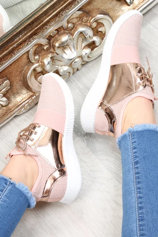Pink Metallic Lace Up Trainers - Kenly sold by Rebellious Fashion