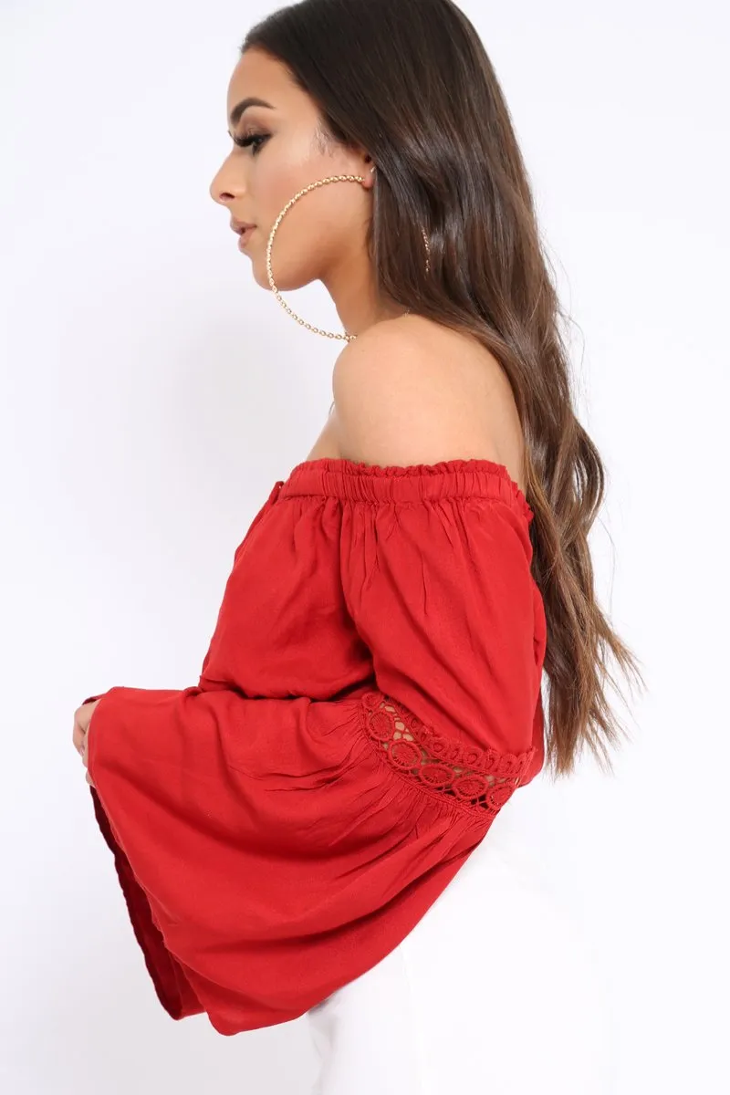 Red Gypsy Bardot Crop Top with Key Hole Tie Front - Kaitlin sold by Rebellious Fashion product image thumbnail 3