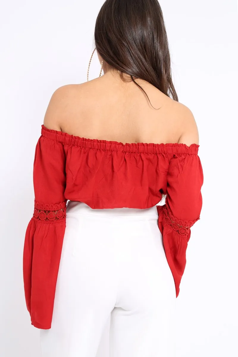 Red Gypsy Bardot Crop Top with Key Hole Tie Front - Kaitlin sold by Rebellious Fashion product image thumbnail 4