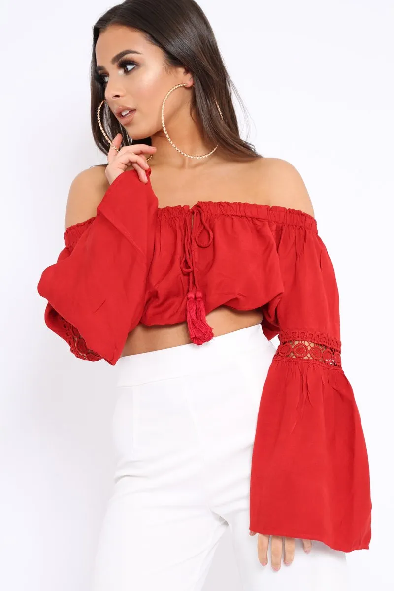 Red Gypsy Bardot Crop Top with Key Hole Tie Front - Kaitlin sold by Rebellious Fashion