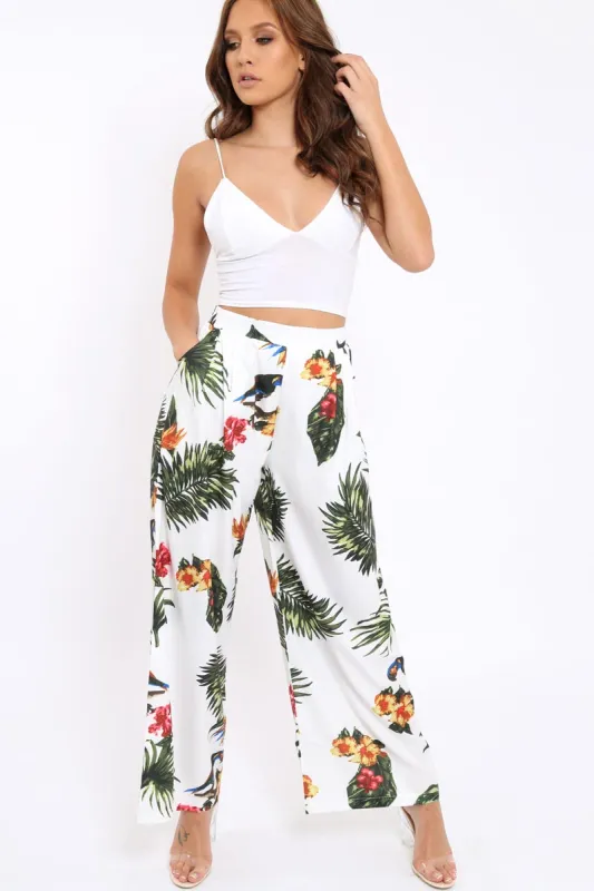 White Tropical Print Wide Leg Trousers - Yasmine sold by Rebellious Fashion