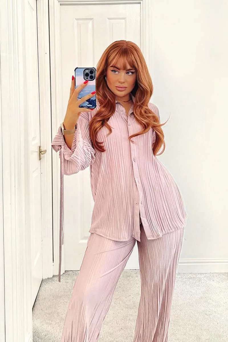 Stone Plisse Button Front Oversized Shirt & Trouser Set - Ingrid sold by Rebellious Fashion