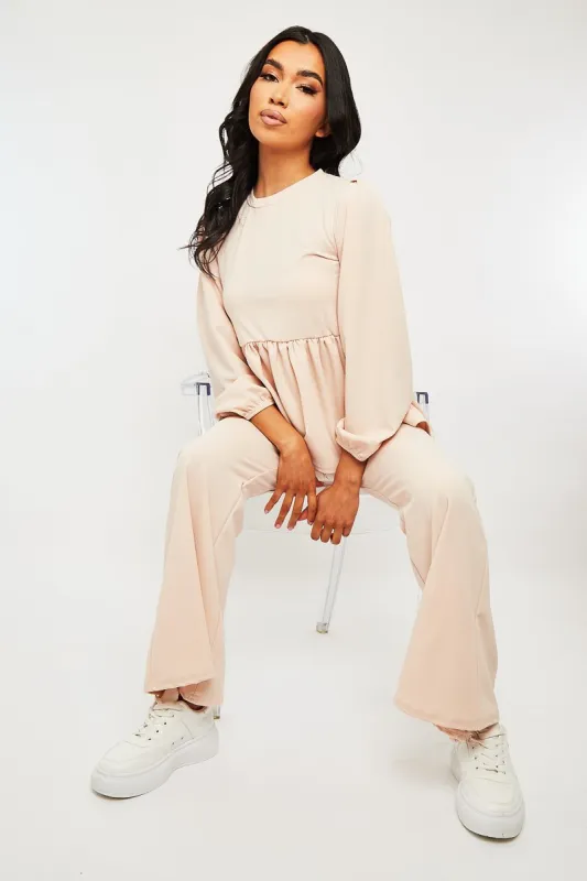 Nude Puff Sleeve Top + Wide Leg Trouser Co-ord - Demri sold by Rebellious Fashion