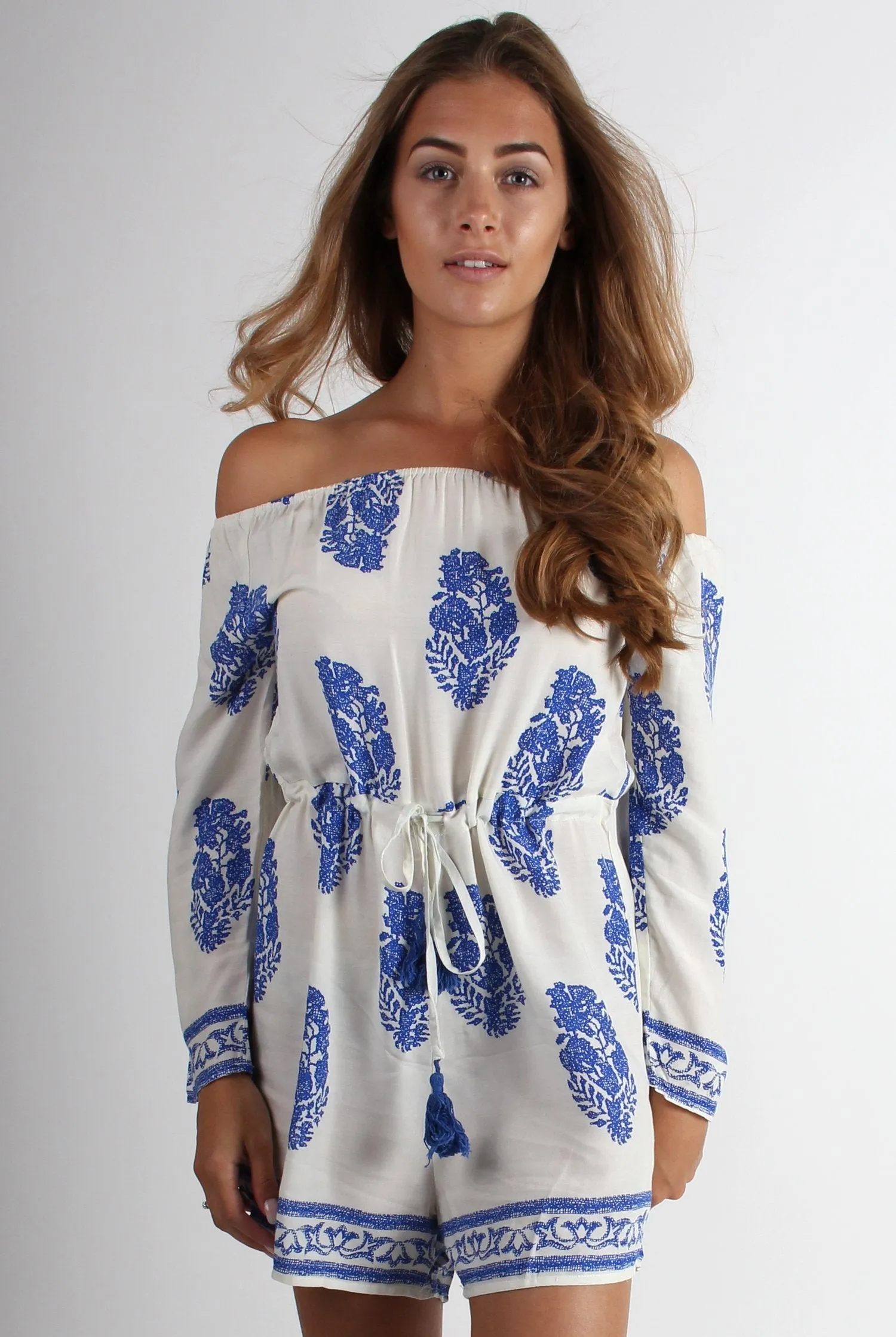 Haley Blue Paisley Print Of The Shoulder Playsuit sold by Rebellious Fashion