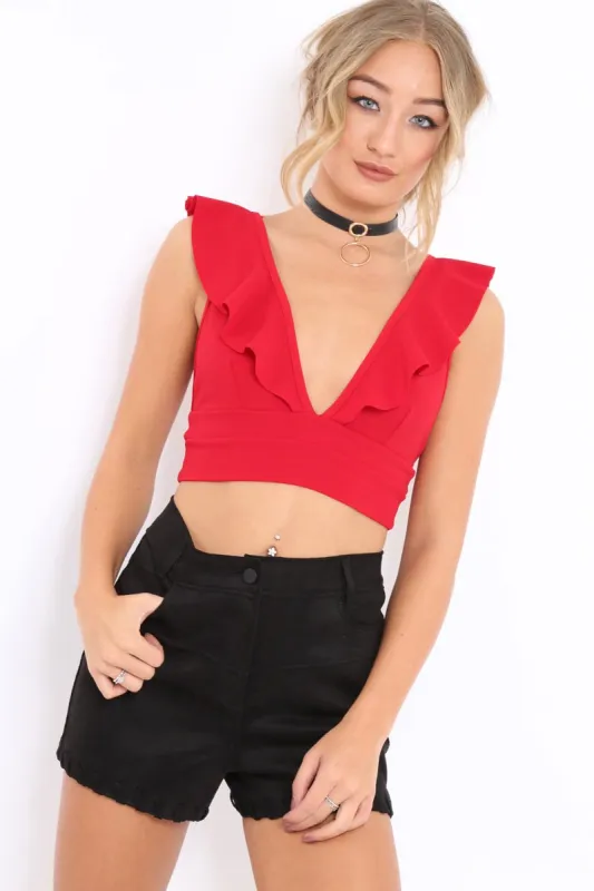 Red Plunge Ruffle Crop Top With Cut Out Back - Nia sold by Rebellious Fashion