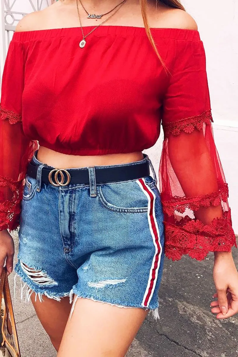 Red Bardot Sheer Embroidered Sleeve Crop Top - Ryley sold by Rebellious Fashion
