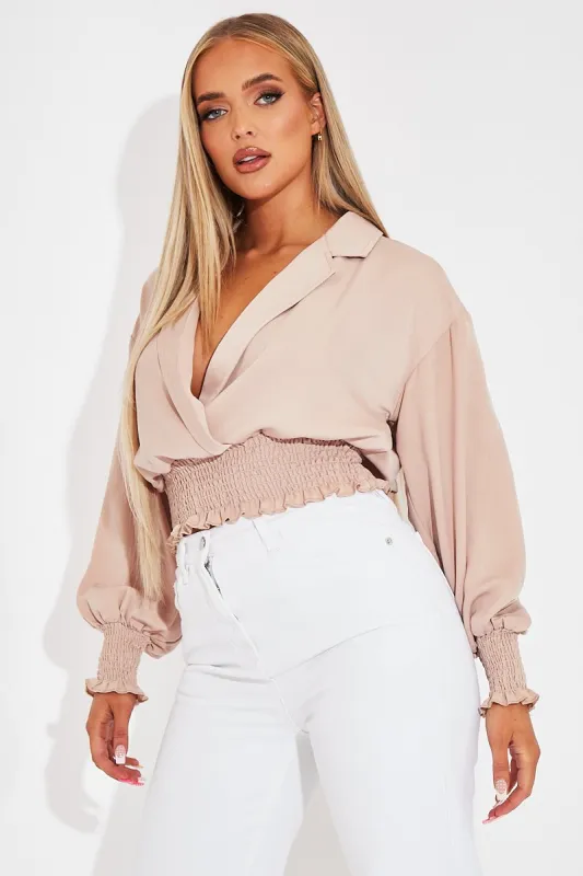 Nude Plunge Shirred Waist Top - Ciera sold by Rebellious Fashion