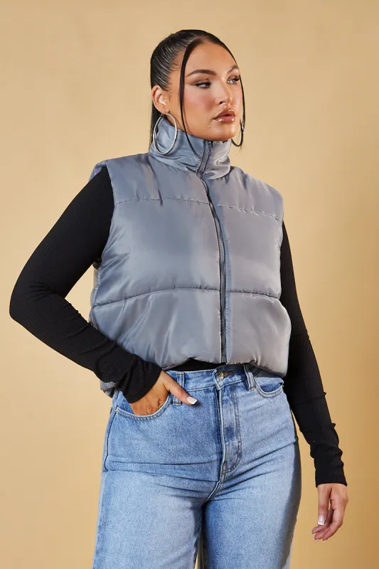 Grey Cropped Puffer Gilet - Zura sold by Rebellious Fashion
