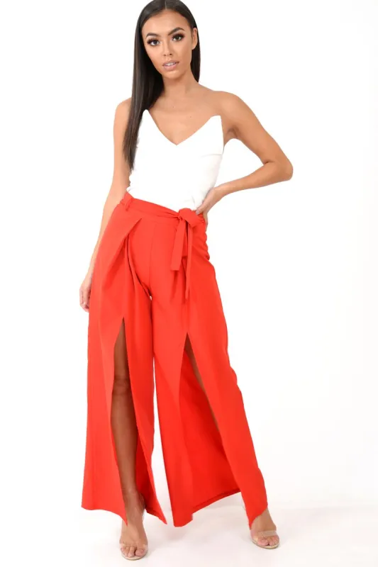 Red Wide Leg Belted Split Front Trousers - Aamira sold by Rebellious Fashion