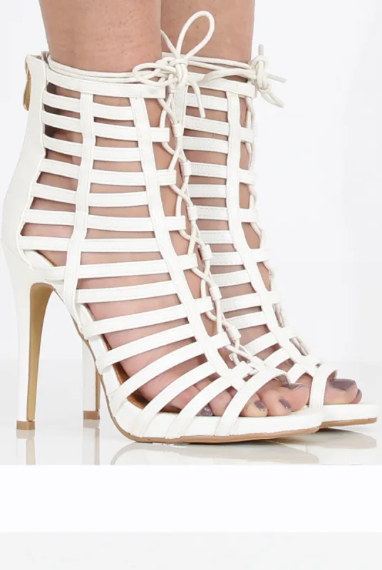 White Caged Lace Up Heels - Jane sold by Rebellious Fashion