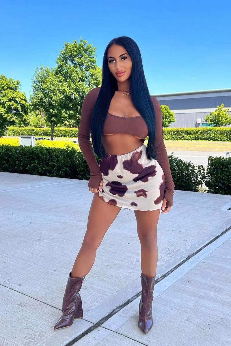 Brown Cow Print Mesh Mini Skirt - Cianna sold by Rebellious Fashion