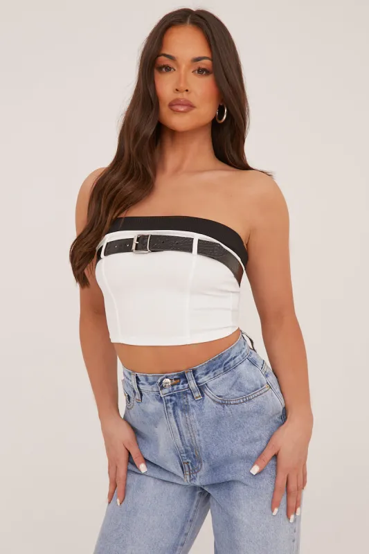 White Rib Knit Belt Detail Bandeau Cropped Top - Dela sold by Rebellious Fashion